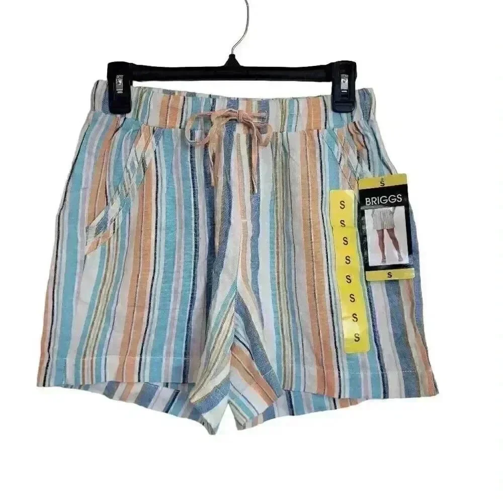 Briggs Women's White/Aqua/Orange Linen/Rayon Drawstring Cuffed Shorts w Pockets